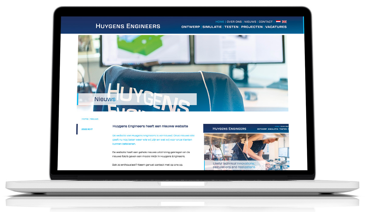 De nieuws overzichtpagina van de Huygens Engineers website