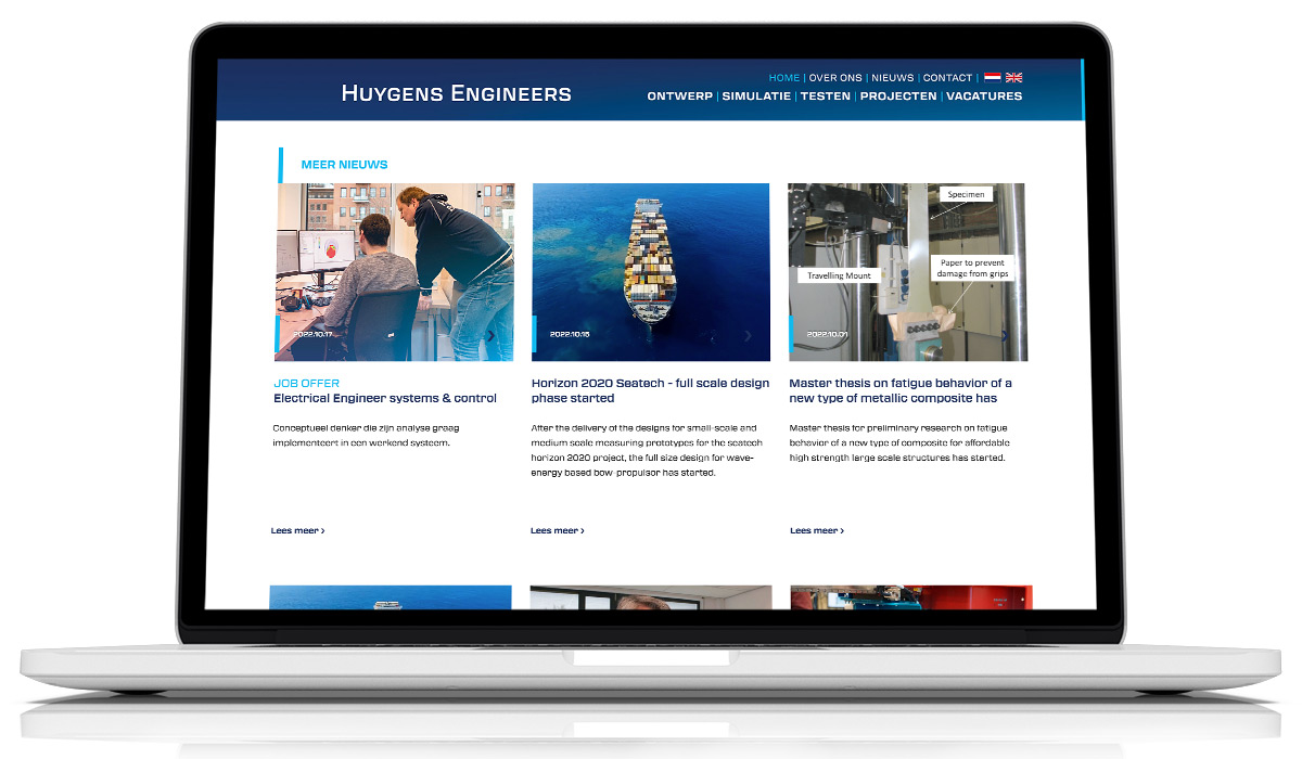 Impressie van de nieuws overzichtspagina van de Huygens Engineerd website